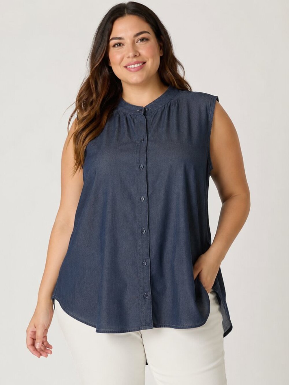 NWT $168 EILEEN FISHER Denim Mandarin Collar Cotton Poplin Sleeveless Shirt 1X